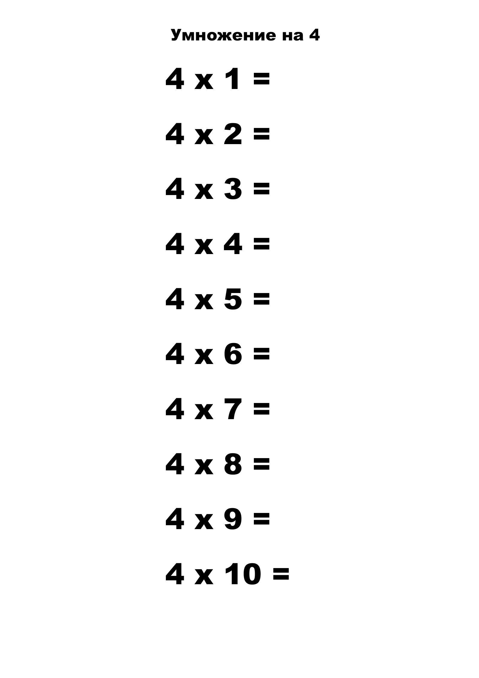 Multiplication Table for 4 Without Answers. Print