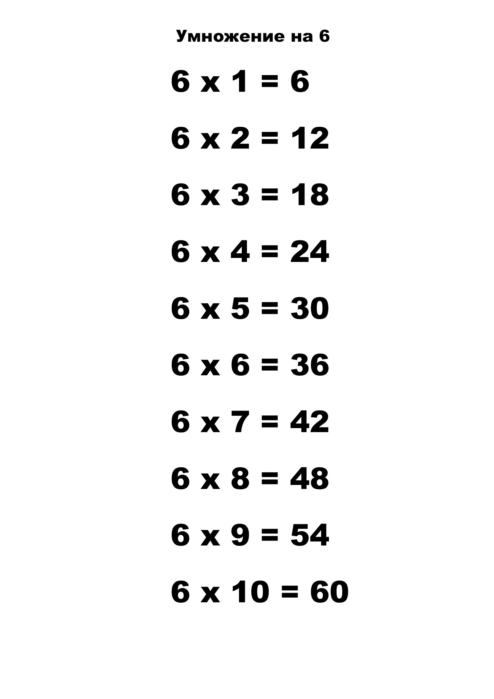 Таблица умножения на 6. Распечатать